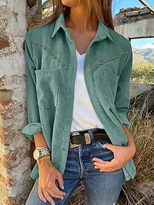 Camisa de pana con remaches y bolsillos dobles para mujer, top casual retro, apto para todas las estaciones, primavera - Verde - Ver 5