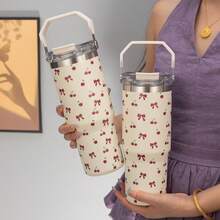 1 个 900 毫升/33.44 盎司 Bow & Cherry 真空保温水瓶，大容量，带手柄和吸管，适合运动、户外、健身、旅行 - 彩色 - 查看 11