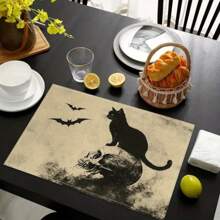 Juego de 1/2/4/6 individuales, estilo de gato negro de Halloween, con patrón de murciélago, tamaño 30x45 centímetros. Los individuales de poliéster de Halloween son adecuados para cocinas/manteles resistentes al calor del hogar, fáciles de limpiar y son accesorios ideales para mesas de cocina del hogar. Son adecuados para reuniones familiares y ocasiones interiores y son la mejor opción para la decoración de Halloween.