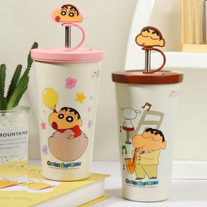 635ml/21oz Crayon Shin Chan Doll Thermos Cup Insulation Bottle Anime Cartoon Large-Capacity Desktop Straw Cup Stainless Steel Coffee Mug Tumbler Birthday Gifts