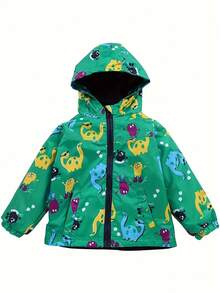 两件套男童恐龙印花连帽外套套装，休闲拉链连帽衫和裤子套装，户外男童服装，适合户外活动穿着