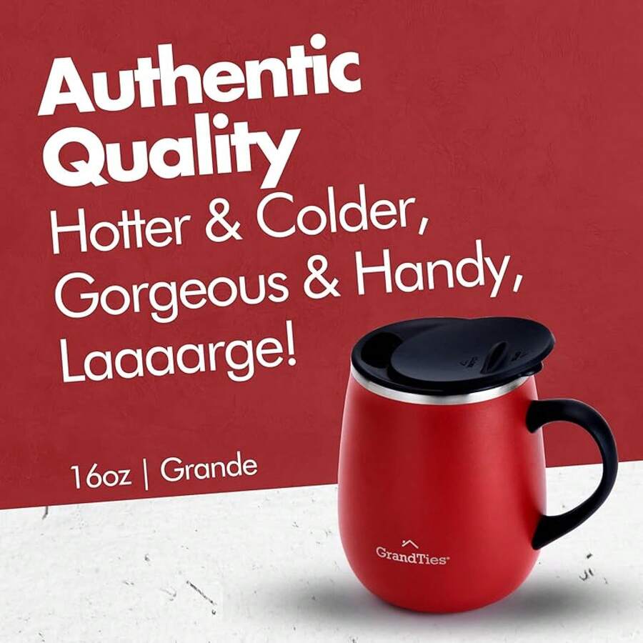 GRANDTIES - Taza de café aislante con asa, tapa deslizante para evitar salpicaduras, termo con forma de copa de vino de 16 oz con doble pared al vacío de acero inoxidable - Rojo arándano - Ver 1