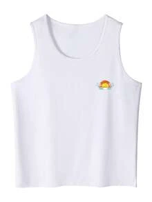 Men's Summer Casual Slogan & Palm Tree Printed Round Neck Tank Top - White - View 1