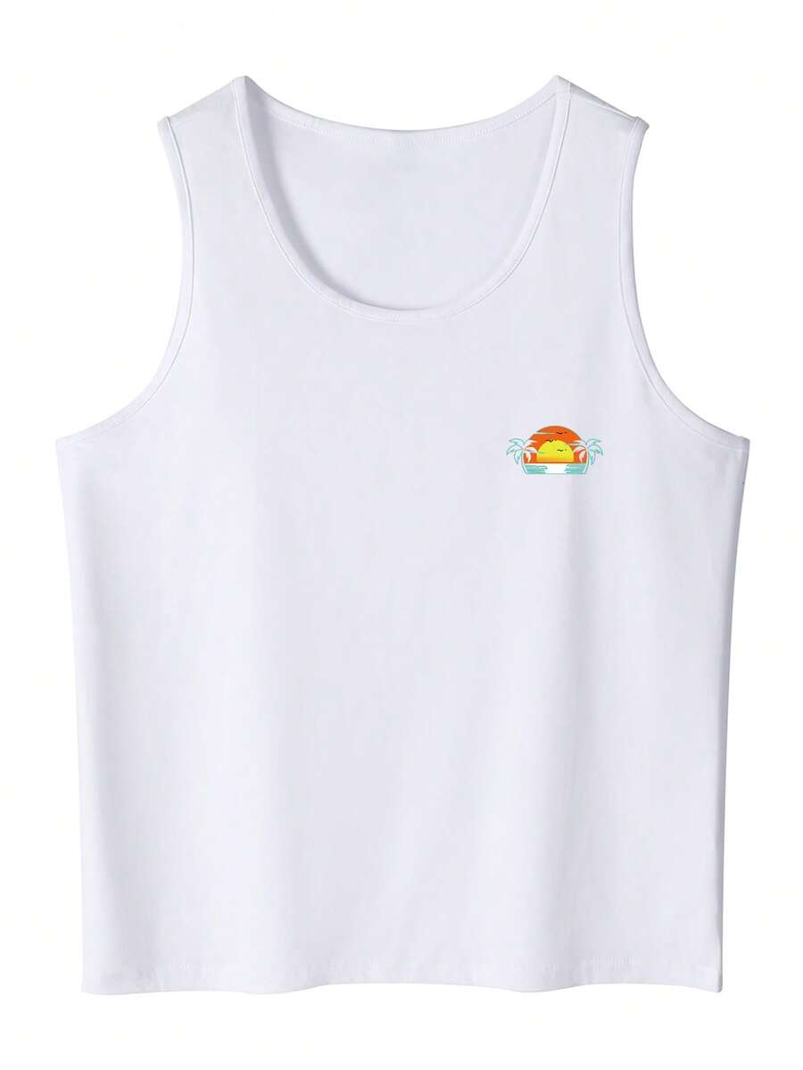 Men's Summer Casual Slogan & Palm Tree Printed Round Neck Tank Top - White - View 1