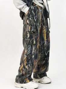 Men's Loose Fit Wide Leg Straight Casual Tree Branch Print Cargo Pants, Summer