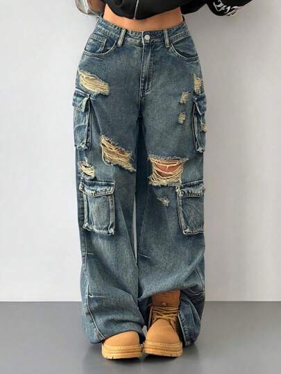 Damen Cargo Jeans mit Weitem Bein Zerrissenes Denim Latzhose Weite Hose Damen Zerrissene Cargo Jeans Sommer Jeans