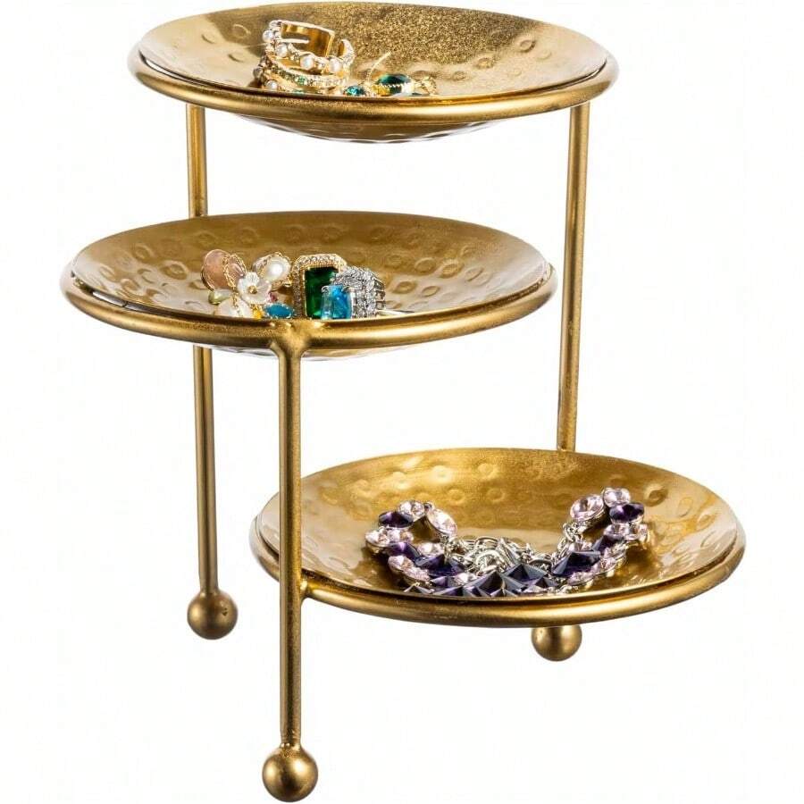 3 Tier Jewelry Dish Organizer Hammered Brass Plated Metal Ring Tray Decorative Earring Necklace Bracelet Storage Display Tower Handcrafted In India - Thau - Xem 1