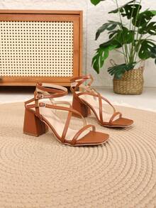 Women's Summer Sandals, Thick Heel High Heels, New Solid Color Bohemian Buckle Personalized Fairy Style Buckle Open Toe Shoes - Brown - View 2