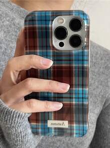 复古波浪格纹棕蓝色手机壳，兼容苹果17/11/12/13/14/15/16 Pro Max Plus，亮面秋冬手机壳 - 格紋 - 查看 4
