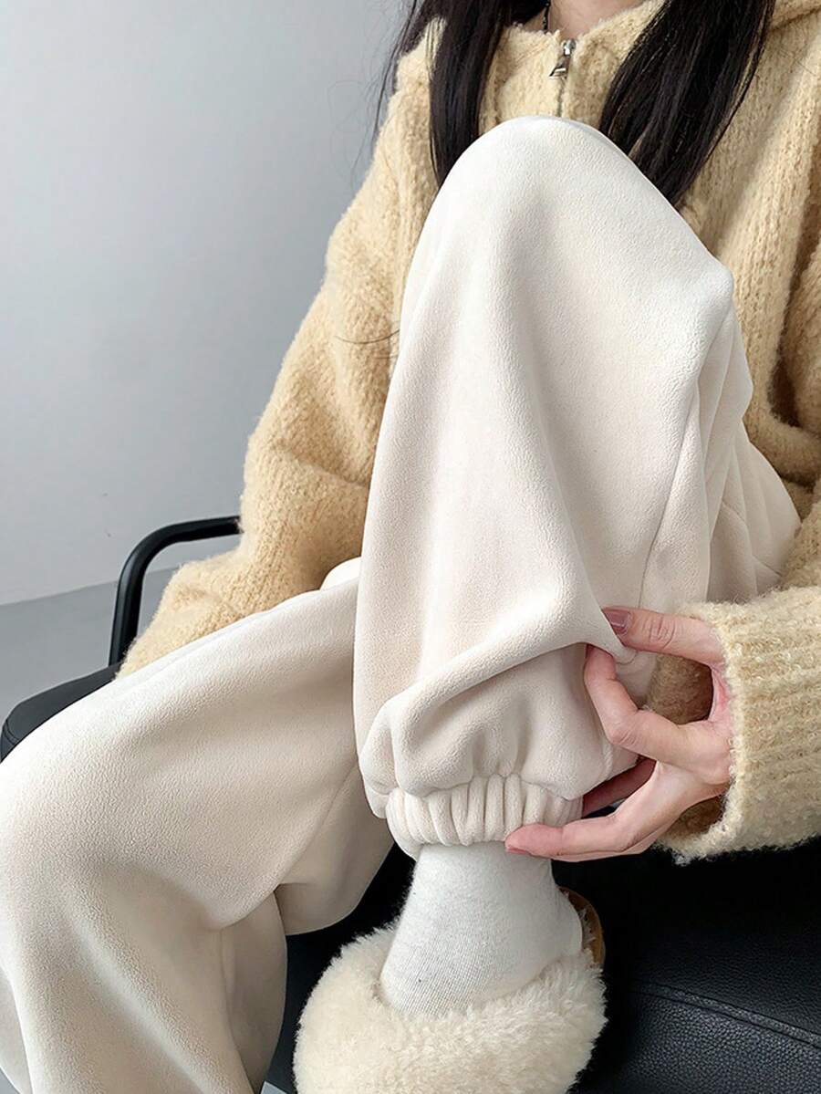 Pantalones deportivos de felpa polar lisa rosa para mujer, gruesos para el otoño y el invierno, pantalones térmicos de algodón para llevar por fuera, pantalones ajustados con forro polar para personas de baja estatura.Pantalones de Deporte para Mujer - Blanco - Ver 1