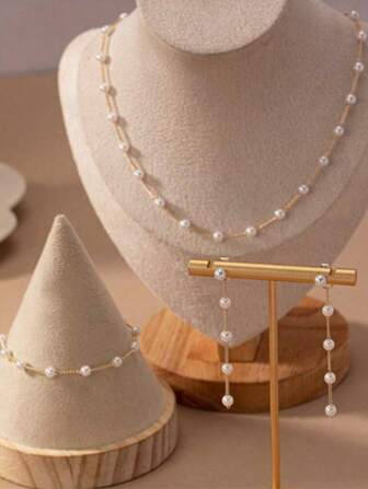 1 Set Elegant Vintage French Rosary Beaded Bracelet, Necklace, Earrings Jewelry Set, Chic High-End Sweet INS Style Clavicle Chain, Suitable For Women's Parties, Banquets, Daily Wear, Holiday Gifts