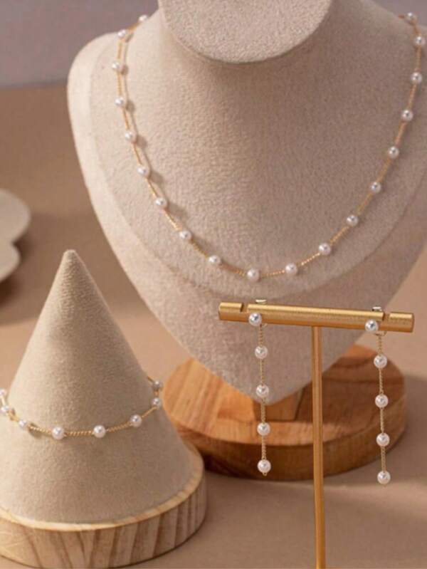 1 Set Elegant Vintage French Rosary Beaded Bracelet, Necklace, Earrings Jewelry Set, Chic High-End Sweet INS Style Clavicle Chain, Suitable For Women's Parties, Banquets, Daily Wear, Holiday Gifts