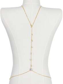 1pc Elegant Bride Back Chain Jewelry, Women's Body Chain Accessory, Shiny Bridal Zirconia Necklace, Suitable For Any Occasion - Gold - View 8