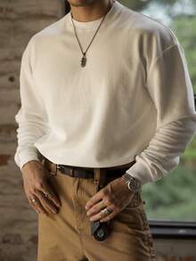 男士加厚华夫格针织宽松落肩长袖T恤小立领休闲打底衫美式复古风秋季 - 杏色 - 查看 2