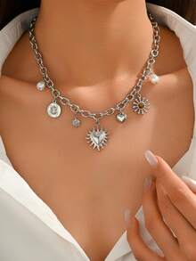 LIEBEIRIS 1pc 18k Gold Plated Geometric & Heart Pendant Stainless Steel Women Necklace, Suitable For Daily Outfit And Gift - Silver - View 3