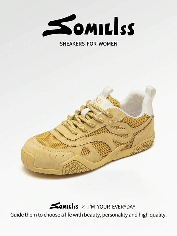 somiliss 1 Pair Women's Sports Style Lace-Up Casual Shoes, Non-Slip, Mesh, Breathable, Comfy, Casual, Low Top, Flat, Outdoor Walking Shoes, Classic Fashion, New Yellow