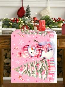 1 pieza Mantel de poliéster rosa de 35 * 180 cm / 13.78 * 70.87 pulgadas, mantel decorativo de muñeco de nieve, decoración de mesa navideña, decoración de mesa para fiesta de Navidad, textil de atmósfera cálida de invierno