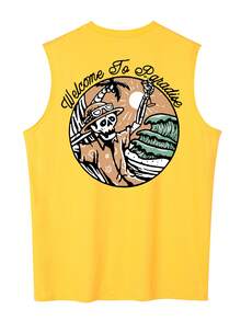 Men's Skull & Slogan Print Sleeveless Vest, Suitable For Fitness, Running, Training, Summer Sports Casual Wear, Opaque Fabric - Yellow - View 2