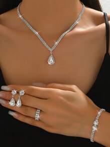 5 Stück/Set Blumenmuster Braut Schmuckset inklusive Halskette, Ohrringe, Armband, Ring - Eleganter und modischer Stil, tolles Geschenk für Frauen