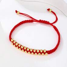 1pc Double Strand Smooth Pearl Women's Handmade Braided Rope Bracelet/Chinese Knot Bracelet, Bright Red