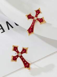 1 对时尚珐琅镶嵌水晶十字架耳环，适合女士佩戴，优雅百搭，适合日常佩戴，适合所有季节