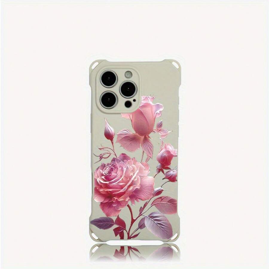 Funda para teléfono 1 pieza, diseño de patrón rosa con cuatro esquinas, funda para teléfono colgante S, adecuada para 15 Plus 13 Pro 14 16 12, fundas blandas impresas de TPU - Colores mixtos 3 - Ver 1