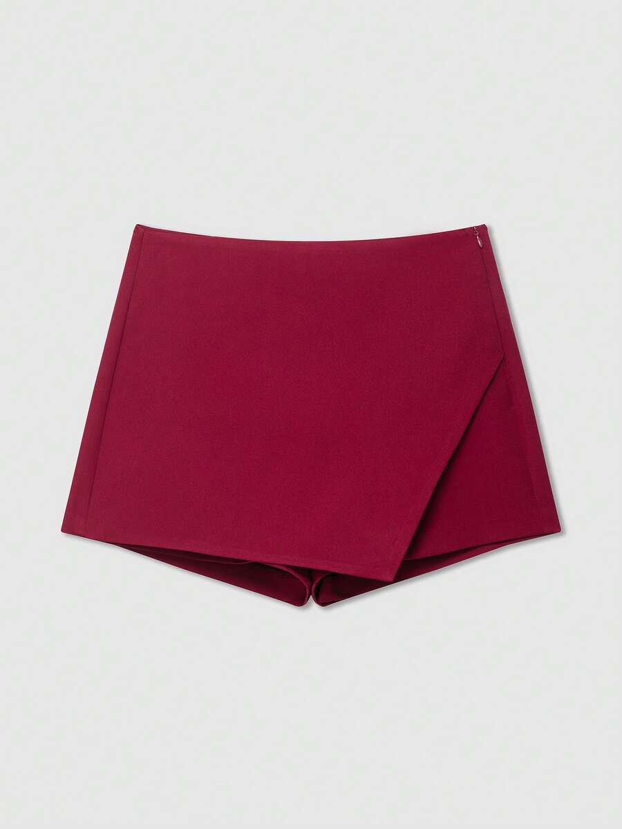 女士时尚休闲纯色不对称裹身短裤裙，简约时尚裙裤 - 酒紅色 - 查看 1