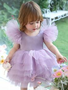 Baby Girl Bowknot Flutter Sleeve Light Purple Elegant Princess Dress, Suitable For Baby Girl's Birthday, Wedding, Party, Holiday Celebration, Formal Occasion Dress - 紫色 - 查看 8