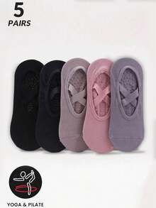 2/5 双女士瑜伽袜，防滑芭蕾舞袜，适合普拉提、芭蕾、健身 - 黑色、灰色、紫色、粉色、秋季