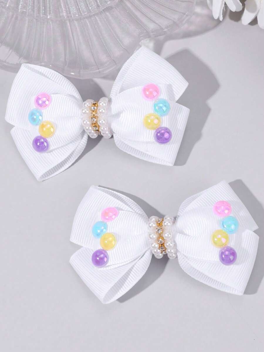 2 件白色蝴蝶结发夹，人造珍珠水钻蝴蝶结，时尚发饰，适合女孩青少年度假派对礼物