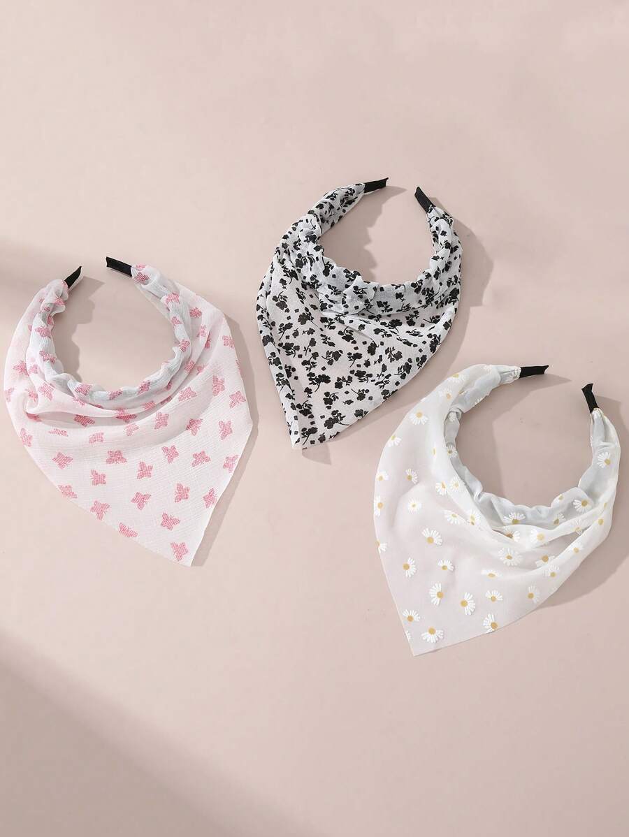 3 件女士波西米亚风格简约优雅雏菊和蝴蝶印花头带，适合日常和度假装，发带，发箍，秋季 - 彩色 - 查看 1