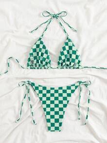 Conjunto de bikini de mujer de verano con estampado de cuadros rosas, nudo, espalda descubierta y corte alto, traje de baño para vacaciones en la playa - Multicolor - Ver 3