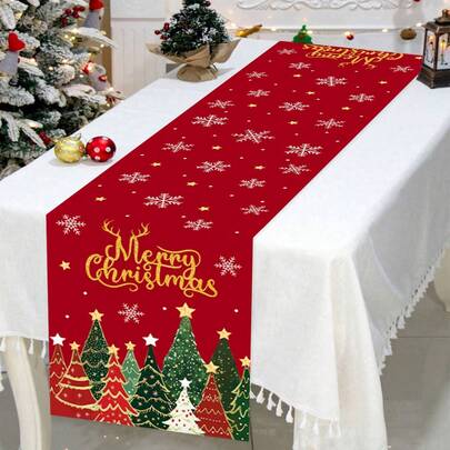 1 件 35 * 180 厘米/13.78 * 70.87 英寸圣诞桌布，红色雪花圣诞树印花桌布，适合节日餐桌、圣诞派对装饰、冬季家庭聚会、餐桌和咖啡桌