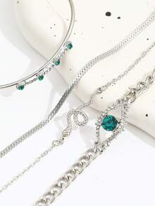 4pcs Vintage Rhinestone Snake Wrap Bracelet, Creative Open Rhinestone Imitation Gemstone Bracelet & Bangle Set For Women - Silver - View 3
