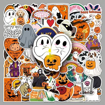 50 peças adesivos de abóbora grafite decalques de desenho animado fantasma decoração de halloween atmosfera festiva brinquedo laptop guitarra telefone bagagem adesivos decorativos, para material escolar, volta às aulas