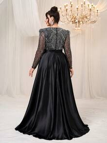 YISIKADO Đầm dạ hội sang trọng cỡ lớn dành cho nữ, đầm dự tiệc prom, đầm dạ tiệc đính sequin và hạt cườm, cổ tròn, tay dài, chất liệu lưới phối satin, đầm dự đám cưới, đầm dự lễ tốt nghiệp, tiệc chiêu đãi, lễ kỷ niệm, đầm màu đen mùa xuân - màu đen - Xem 3