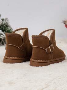 1 Pair Unisex Plain Color Button Decor Slip-On Snow Boots, Comfortable Anti-Slip Soft Sole Walking Shoes For Boys And Girls, Fleece Lined Thick Plush Winter Outdoor Ankle Boot, Suitable For Autumn/Winter