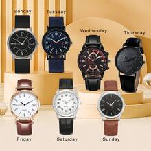 7 件/套男士手表套装石英一周手表组合男士石英腕表男士钟表时尚手表套装节日礼物 - 彩色 - 查看 1