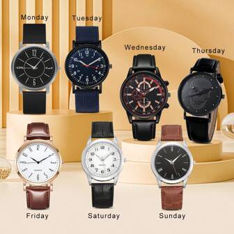 7pcs/Set Men Watches Set Quartz One Week Watch Combination For Men Quartz Wristwatch Man Clock Fashion Watch Sets Festival Gift