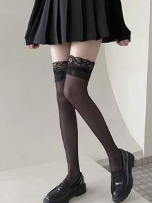 2 Pairs Sexy Lace Trim Sheer Thigh High Stockings, Summer Thin Over-The-Knee Long Socks For Women, Cozy