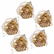 5pcs Navy Blue Bridesmaid Wrist Corsage Set, Weddings Gold Leaf & Pearl Elastic Wrist Flower Accessories Valentine's Day Accessories - Wrist Flower - View 9