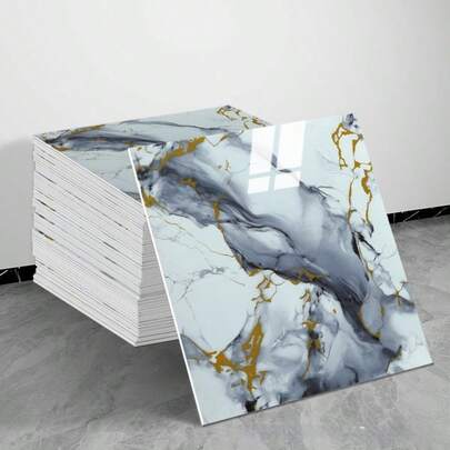 4张0.9平方米蓝金大理石纹瓷砖贴纸墙面装饰防水防潮铝塑板墙贴大理石瓷砖贴纸