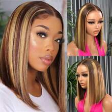 Highlight Lace Front Bob Wig Human Hair 14 Inch Ombre Honey Blonde 13x4 Hd Lace Front Wigs Human Hair Pre Plucked Middle Part 4/27 Colored Lace Frontal Wigs - S4/27 - 查看 6