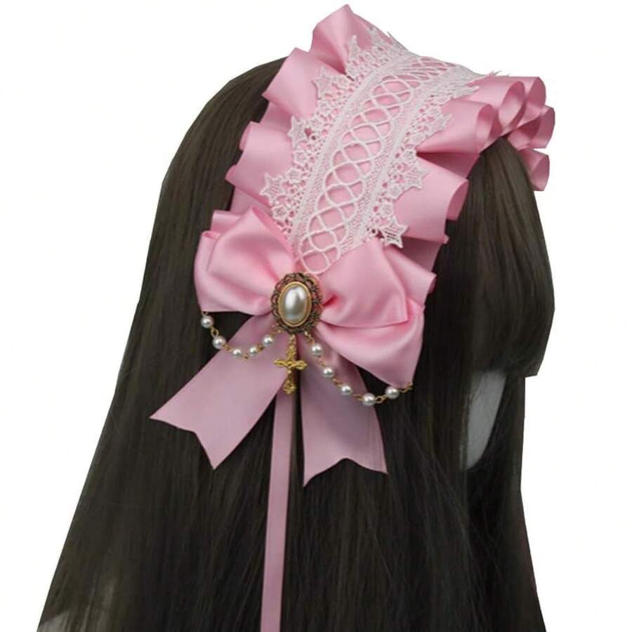 Gothic Lolita Headdress Maid Girls Lace Hair Accessories Cute Cosplay Headbands Sweet Hairpin Light Blue - 粉色 - 查看 1