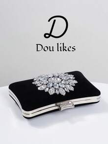 Women's Fashion Black Velvet Evening Clutch, Romantic Wedding Handbag With Luxurious Sequin Decor, Formal Party Bag, Bridal Purse With Detachable Shoulder Strap