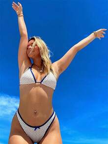 Alyweatry Women Y2K Bikinis Sets Coquette Aesthetic Bows Halter Tie Up Bikini Top High Cut Elastic Waist Bikini Bottom - 藍色圓點 - 查看 5