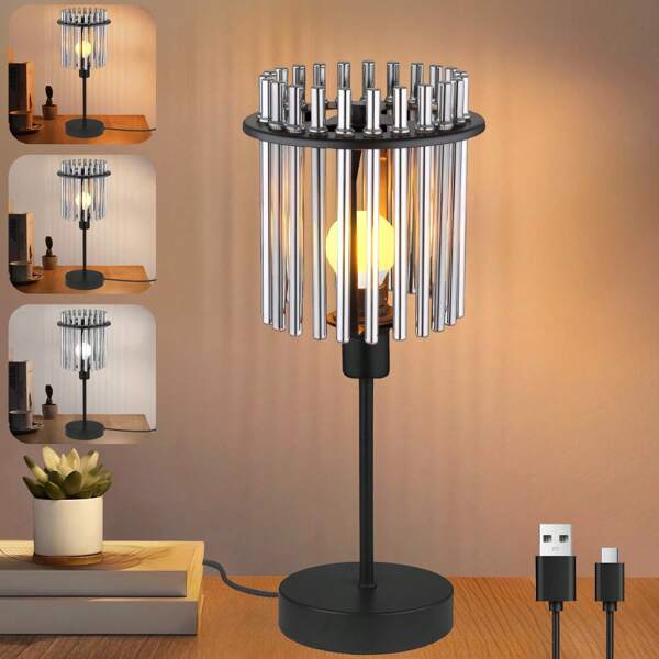 Modern Touch Dimming LED Light, Switching Between Cold/Warm/Neutral Light Three Color Temperature, Glass Rods Lampshade Desk Lamp, Metal Structure, USB Charging/Suitable For Bedroom/Living Room/Study Environment Light/Holiday Dining Table Lighting Decoration