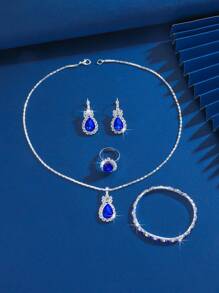 Set de joyería de 5 piezas de estilo de lujo, que incluye collar, pulsera, anillo y aretes, con múltiples colores disponibles, accesorios de moda para mujer