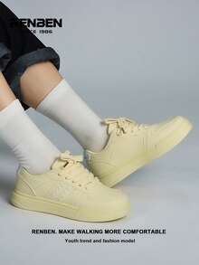 RENBEN 1 双休闲厚底系带帆布运动鞋，黄色厚底舒适女式低帮运动步行鞋，适合春夏季服装，2025 年时尚款式