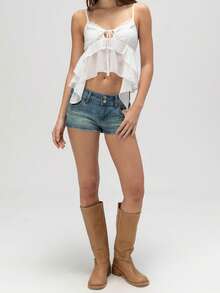 Women's Summer Ruffled Camisole Spaghetti Strap Tie Front V-Neck Lace Trim Slim Fit Tank Tops Streetwear - White - View 5